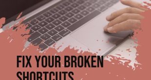 An image featuring a close-up of a hand resting on the trackpad of a Mac laptop with text overlay reading “FIX YOUR BROKEN SHORTCUTS” and “GET YOUR MAC RUNNING SMOOTHLY AGAIN”, set against a pink background with dark splatter accents, symbolizing corrupted shortcut files on a Mac.