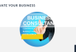 A business-themed graphic featuring a hand pointing upward inside a blue circular frame. Text overlay reads "Business Consultant - Consulting Companies & Marketing Excellence," with additional design elements like dots and geometric shapes.