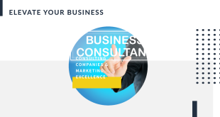 A business-themed graphic featuring a hand pointing upward inside a blue circular frame. Text overlay reads "Business Consultant - Consulting Companies & Marketing Excellence," with additional design elements like dots and geometric shapes.